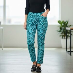 Ann Taylor Teal Black Animal Print Pants Women’s Size 4 Statement Trousers